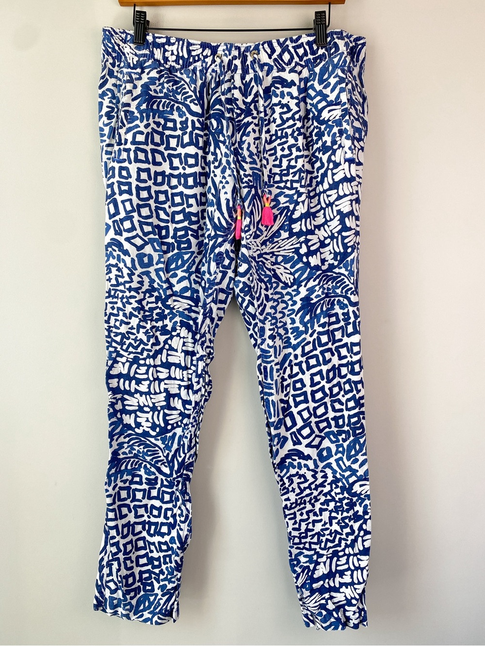Lilly Pulitzer Womens Aden Linen Tassel Ankle Pants L Blue White Abstract Print